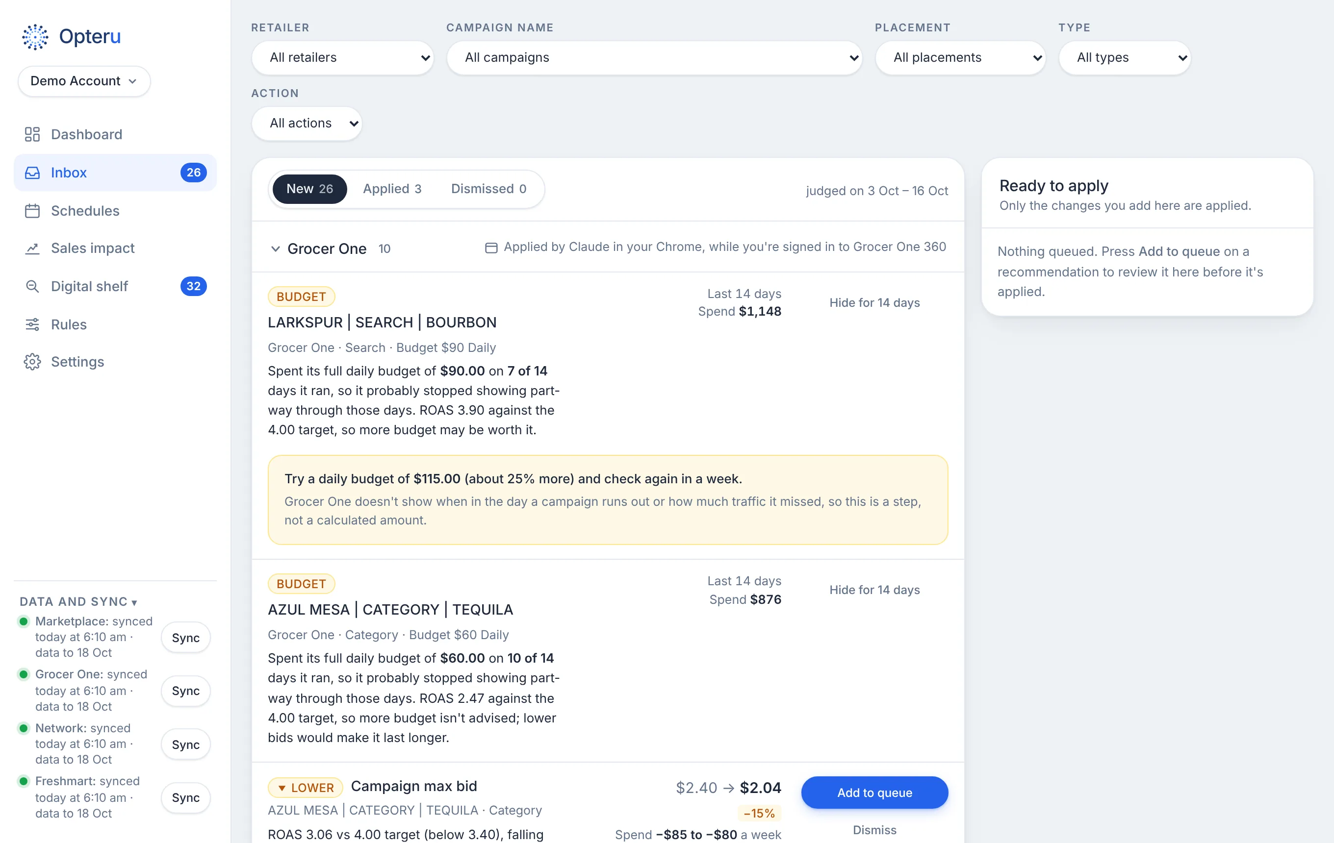 The Opteru Inbox with bid and budget recommendations